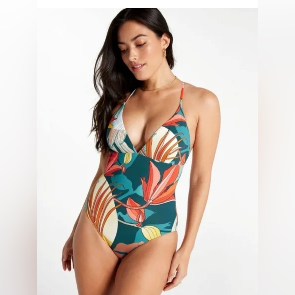 CALIA Women Swim One Piece Triangle Strappy Back Botanical Sea Green Size 10 NEW